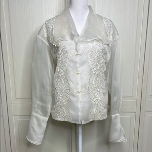 Sully Bonnelly VTG Women’s Lace Embroidered Embellished Sheer Blouse White M-L